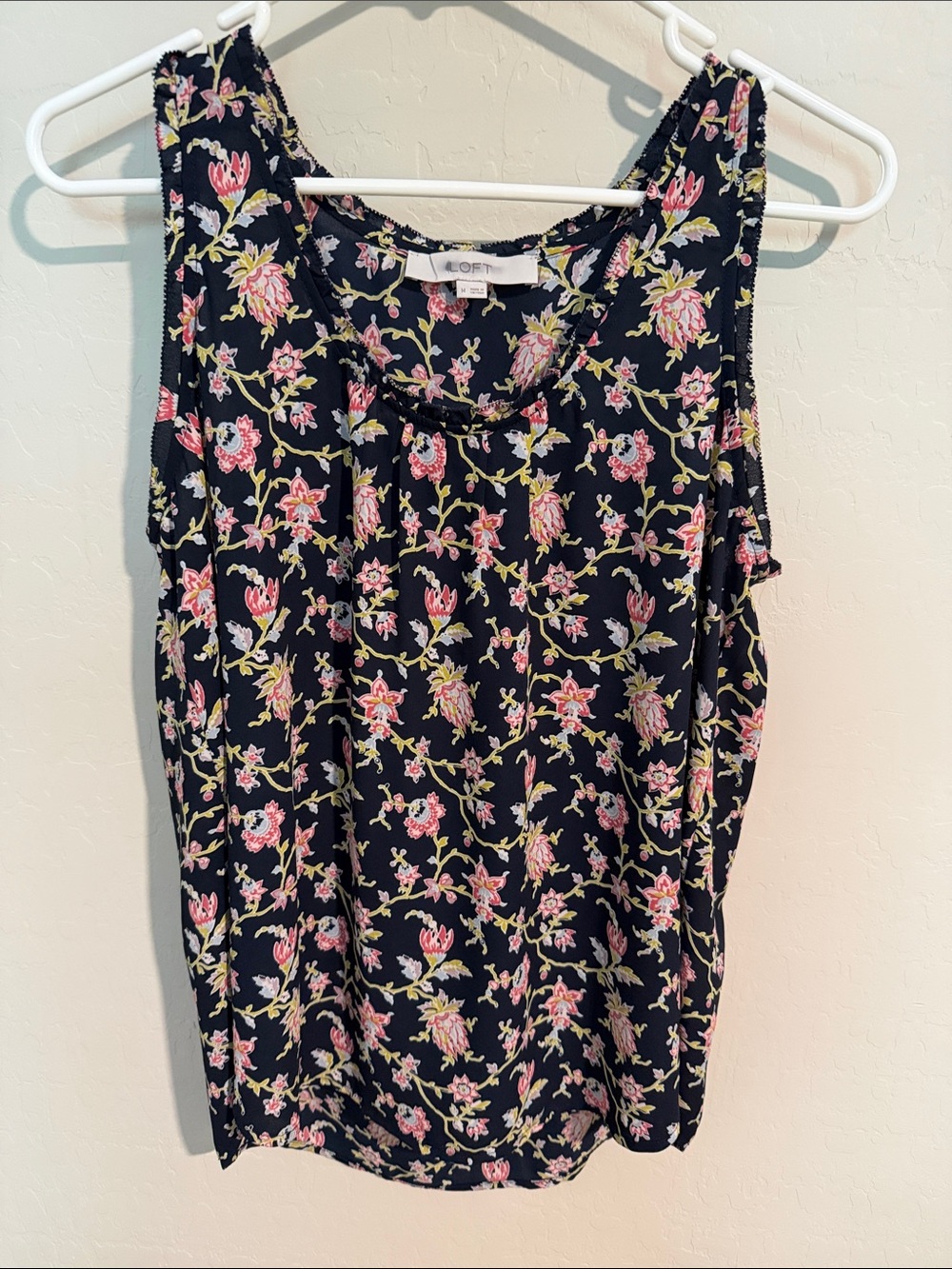 LOFT Navy Floral Sleeveless Tank with Pink Accents